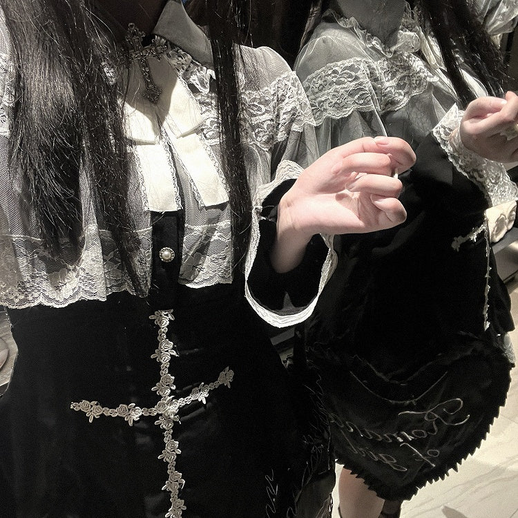 Jirai Kei White/Black/Pink Rose Cross Embroidery Landmine Style High Waist Lace Hem Skirt