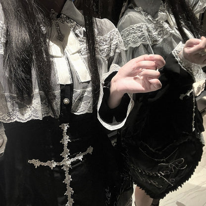 Jirai Kei White/Black/Pink Rose Cross Embroidery Landmine Style High Waist Lace Hem Skirt