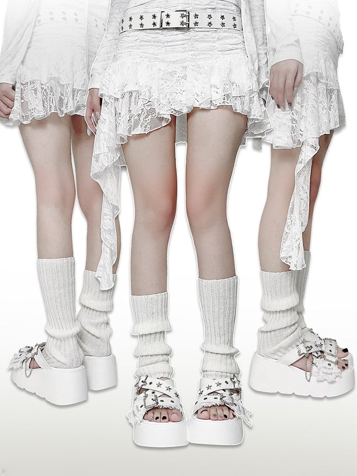 Star-shaped Buckles and Studs White Denim Punk Platform Slippers