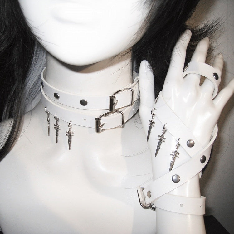 White Stud Detail Sword Pendant Punk Choker