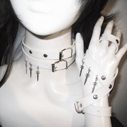 White Stud Detail Sword Pendant Punk Choker