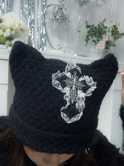 Punk Black Cat Ears Design Cross Patch Knit Hat