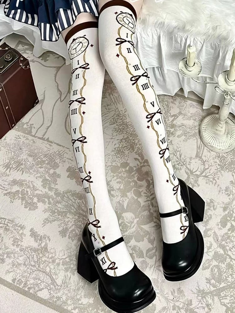 Brown Clock Print Alice In Wonderland Vibes Lolita Over-knee Stockings