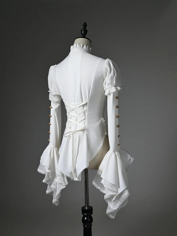White Jabot Ruffled High Neck High-low Hem Long Sleeves Shirt