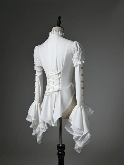 White Jabot Ruffled High Neck High-low Hem Long Sleeves Shirt