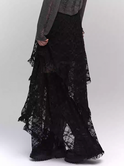 Black Semi-Sheer Floor Length Asymmetrical Lace Skirt