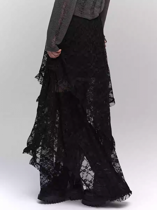 Black Semi-Sheer Floor Length Asymmetrical Lace Skirt