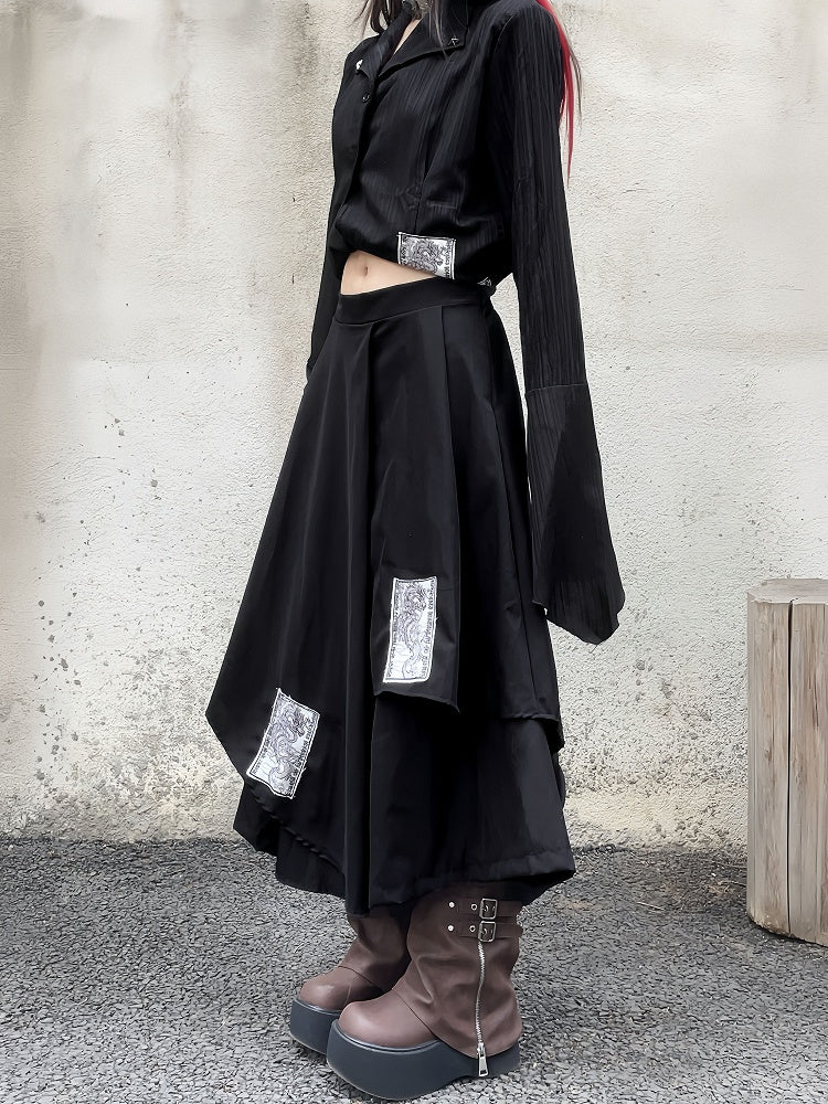 Black Notched Collar Bell Sleeves Punk Appliques Asymmetrical Shirt