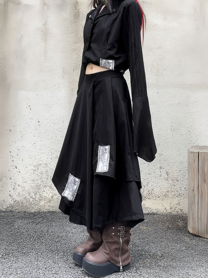 Black Notched Collar Bell Sleeves Punk Appliques Asymmetrical Shirt
