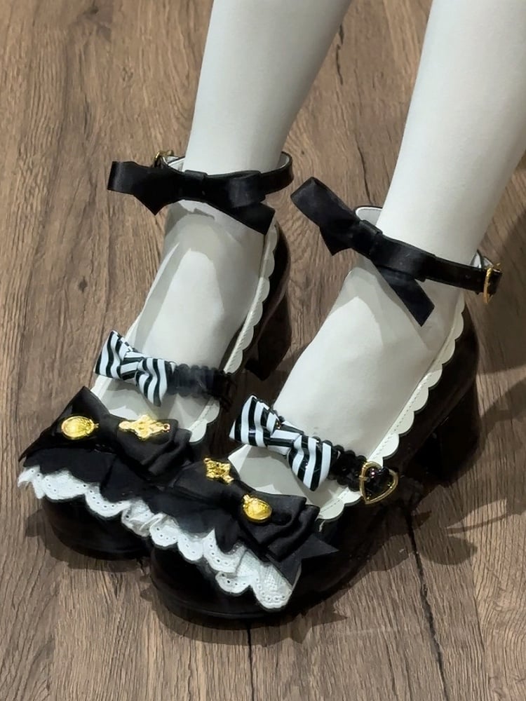 Black Spoon Decorated Bowknot Details Sweet Lolita High Block Heels