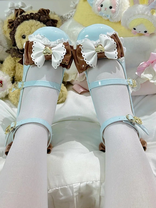 Mint Green 4.5cm Mid-heel Bear Themed Shoes in Sweet Lolita with Brown Bowknot Details
