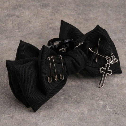 Gothic Pins Decorated Black Bow Claw Clip with Cross Chain