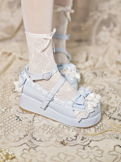 Baby Blue Bow at Top Lace Trim Heart Buckles Platforms