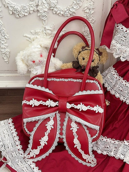 Red Lace Trim Bowknot Design Hand Bag