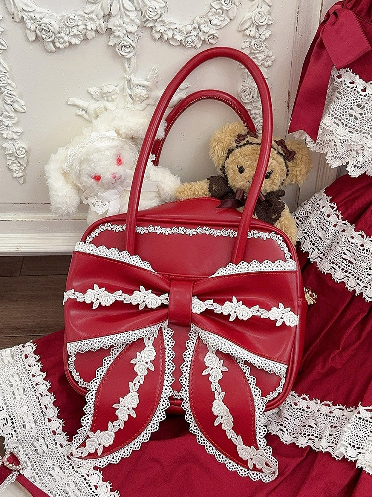 Red Square Lolita PU Shoulder Bag with Contrasting White Lace Trims and Front Statement Bow (3 Types of Lace)