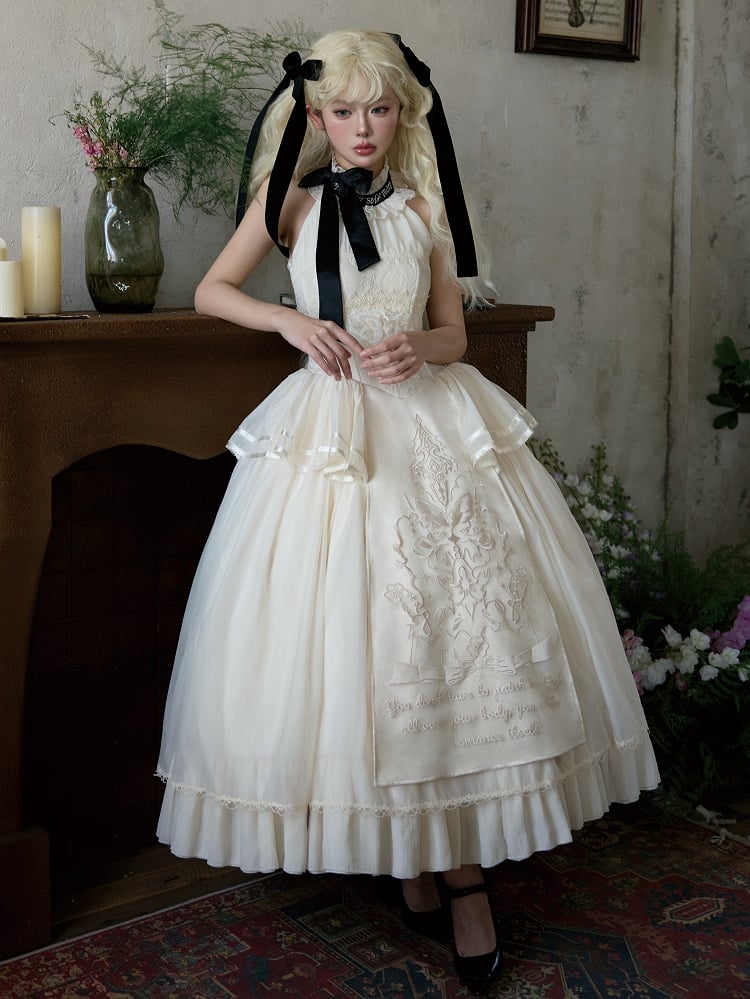 Creamy Delicate Embroidery Detail Classic Lolita Backless Halter Neck Dress