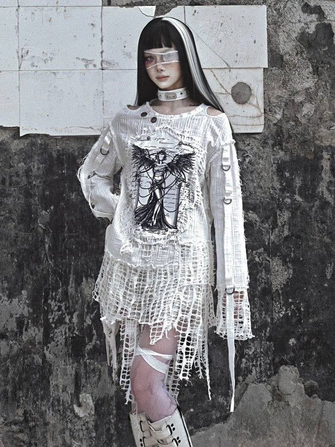 White Angel Print Cutout Shoulders Punk Oversize Sweat Shirt