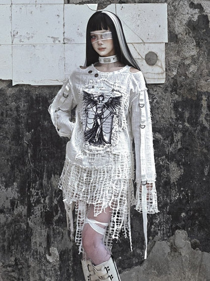 White Angel Print Cutout Shoulders Punk Oversize Sweat Shirt