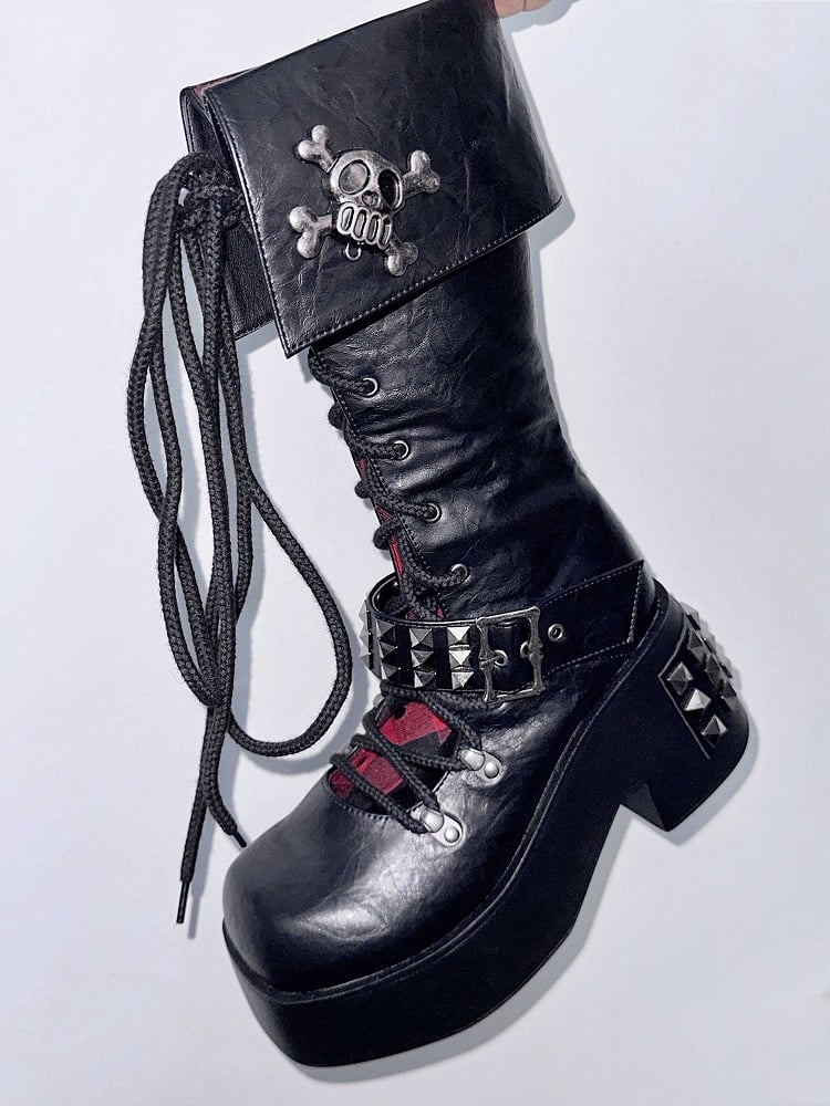Skull and Studs Black Front Lace-up Punk Chunky Platform Boots