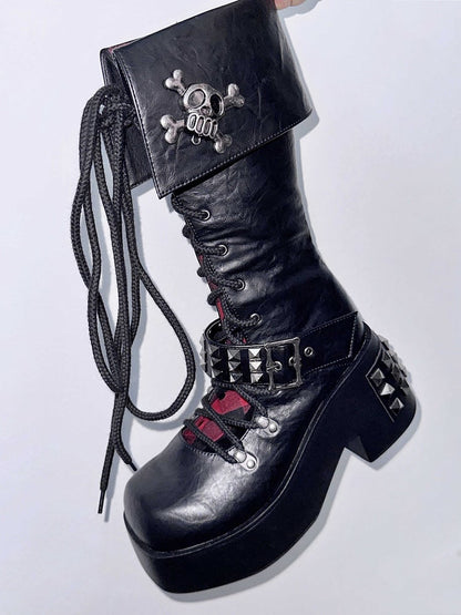 Skull and Studs Black Front Lace-up Punk Chunky Platform Boots