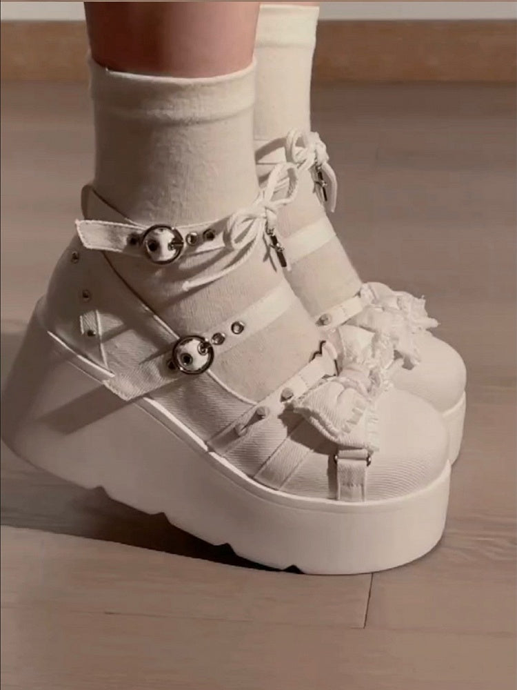 Spike Studs Bow Accents White Cross Gothic Platforms Punk Shoes