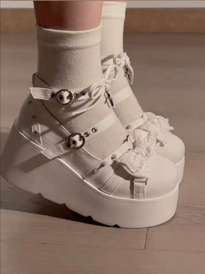 Spike Studs Bow Accents White Cross Gothic Platforms Punk Shoes