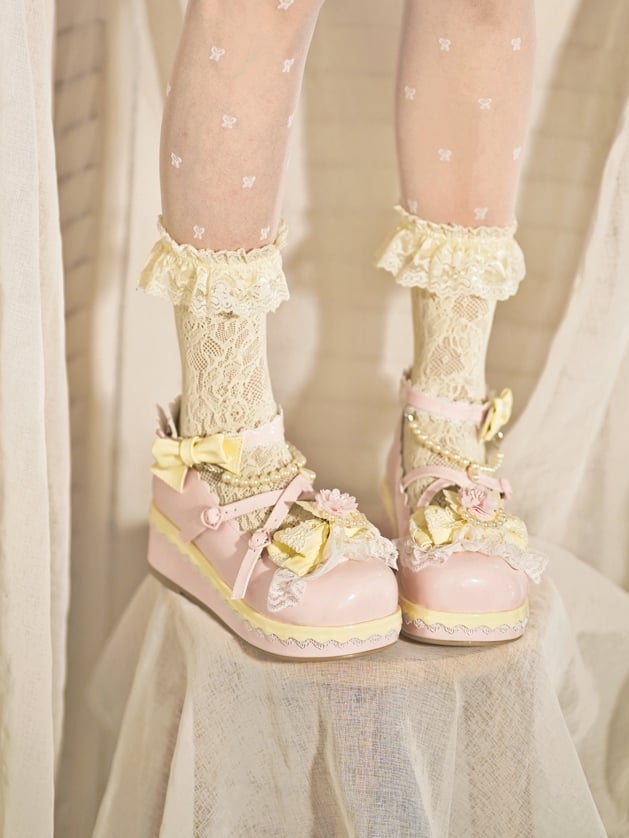 Pink Floral Design Bow at Top Lace Trim Heart Buckle Platforms With Detachable Beaded Chain