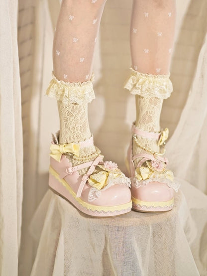 Pink Floral Design Bow at Top Lace Trim Heart Buckle Platforms With Detachable Beaded Chain