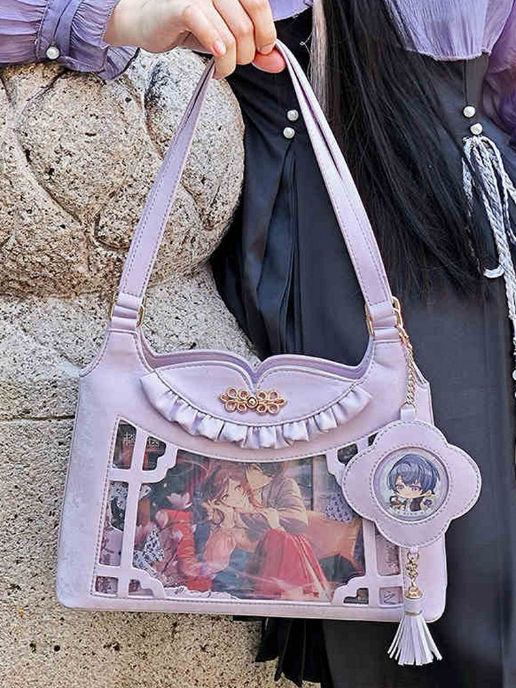 Purple Bow Accents Cheongsam Style Ita Shoulder Bag with Free Charm