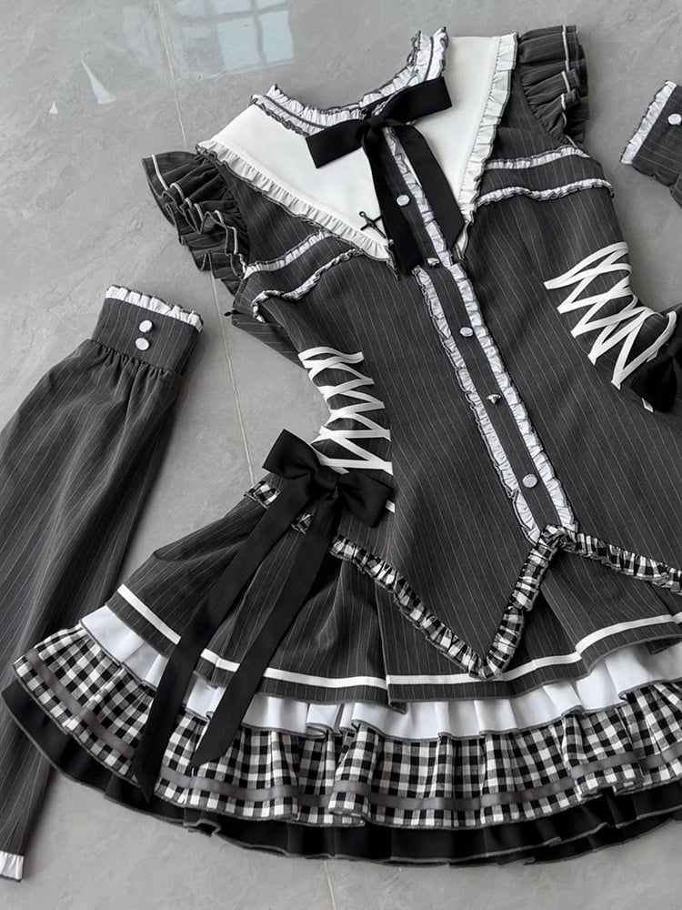 Dark Gray Flutter Sleeves Gothic Lolita Striped Dress with Bunny Ears at Back Collar