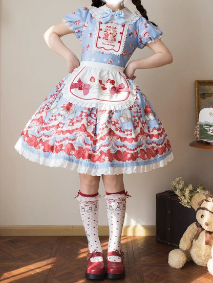 Red Strawberry Embroidery Bowknots Decorated Self-tie Apron