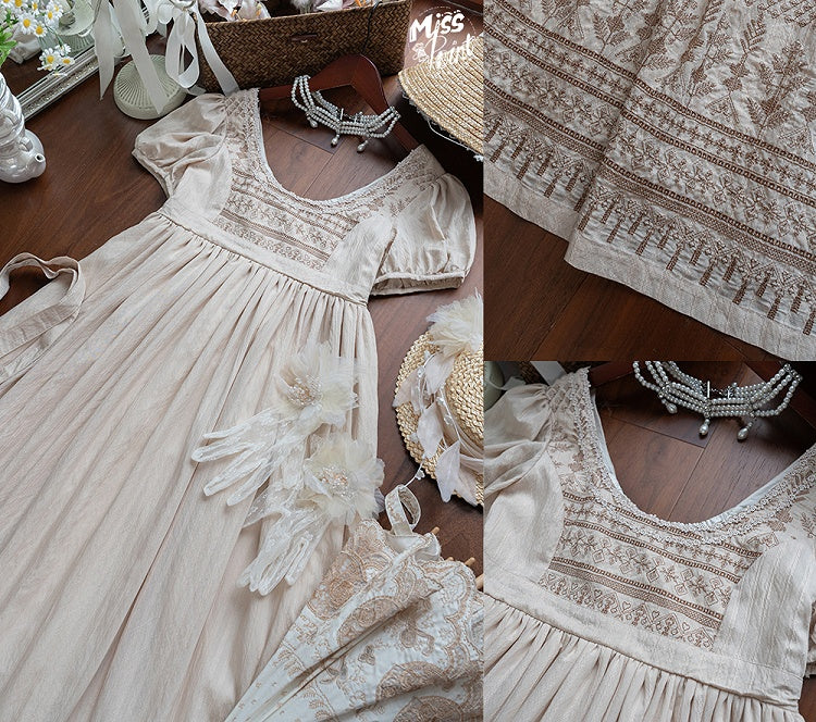 Brown Vintage Embroidery Empire Waist Elegant Lolita One Piece Long/Short Version