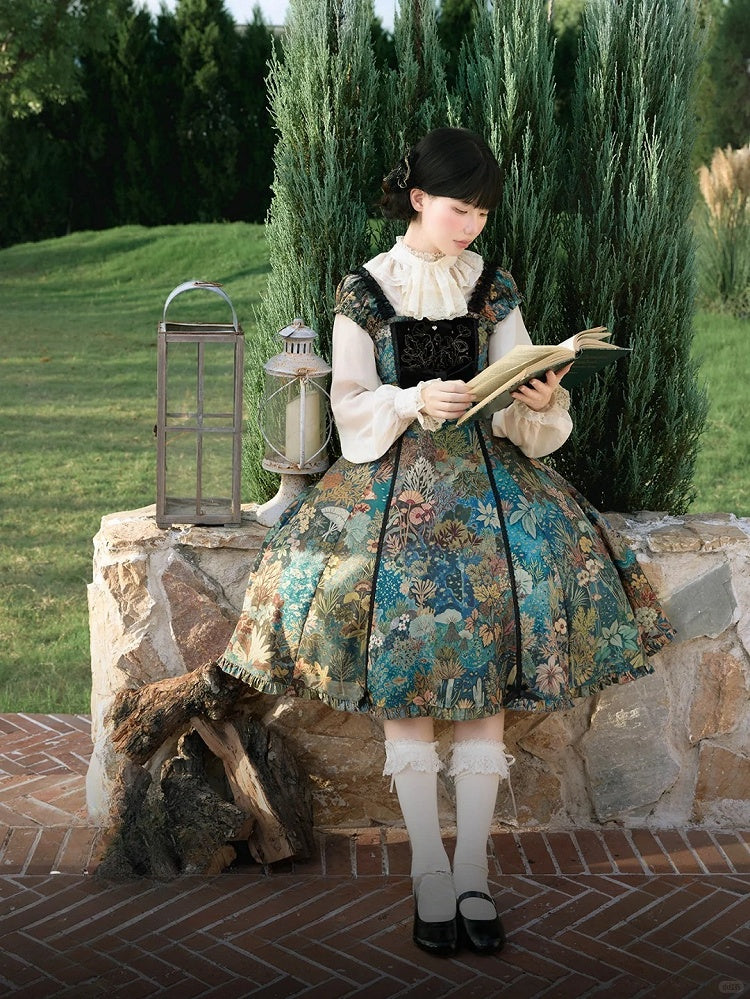 Green & Blue Floral Print Elegant Classic Lolita Dress with Lily Embroidery on the Chest