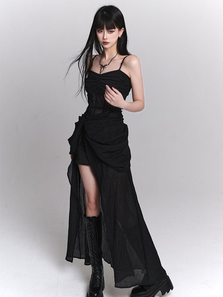 Gothic Black Twist Detail Slit Slip Dress