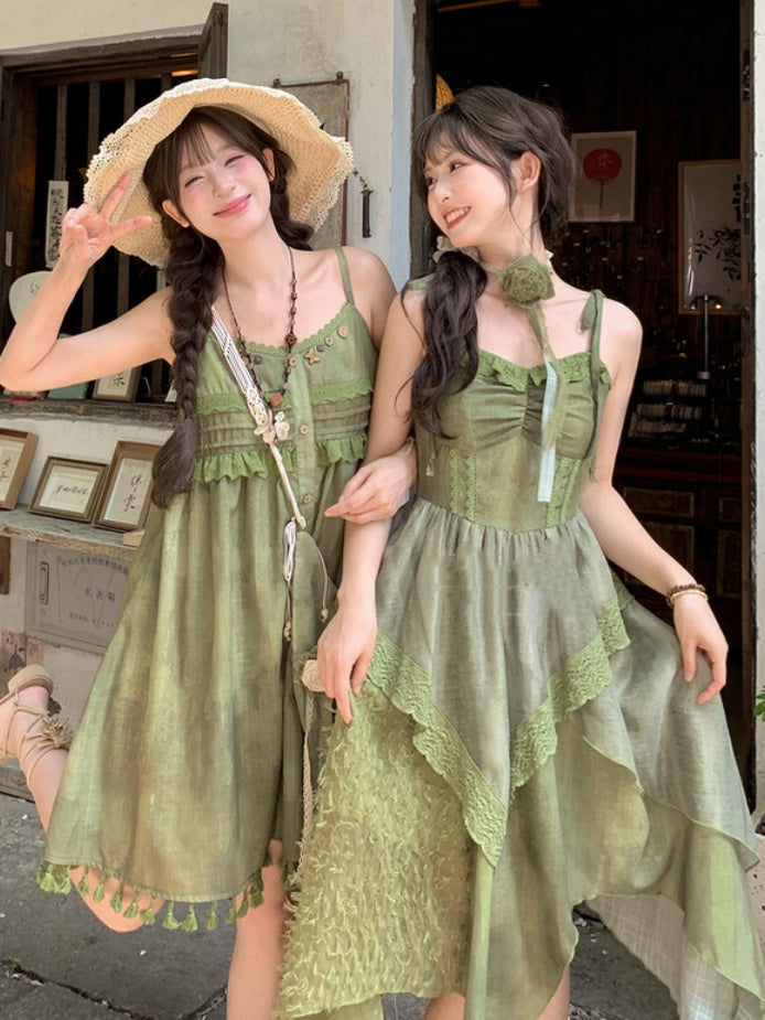 Green Tassel Hem Buttons Embellished Neckline Mori Kei Cami Dress
