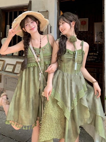 Green Tassel Hem Buttons Embellished Neckline Mori Kei Cami Dress