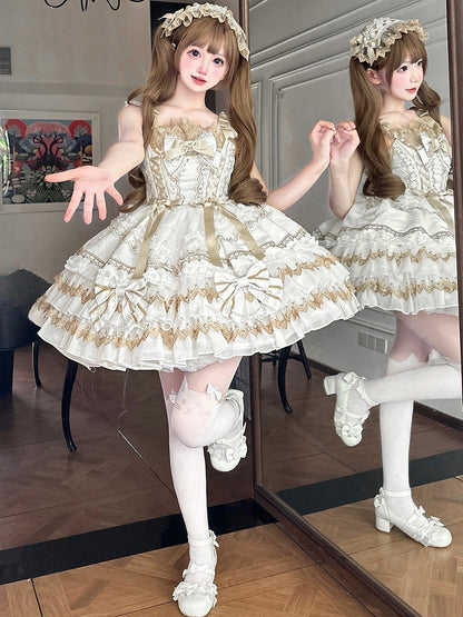 White Bead Chain Bows Decorated Tiered Skirt Princess Lolita Dress