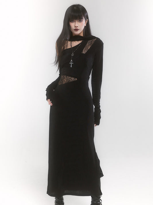Black Gothic Asymmetrical Neckline Cutout Details Sheath Dress