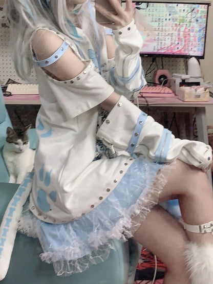 Skeleton Print Kitty Ears White Hoodie with Detachable Sleeves and Tail