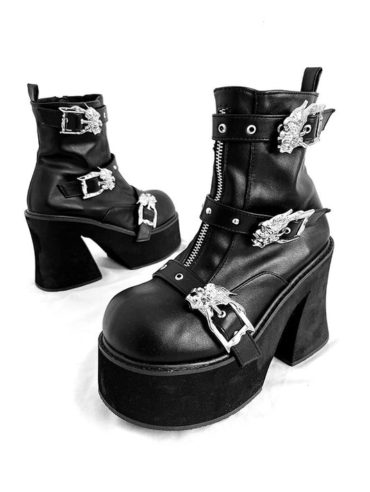Dragon-shaped Buckle Straps Black Punk Boots High Block Heel