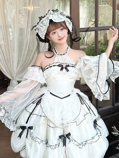 Plus Sizes White & Black Ruffled Layers Illusion Neckline Sweet Lolita Dress with Bow Accents Short Version