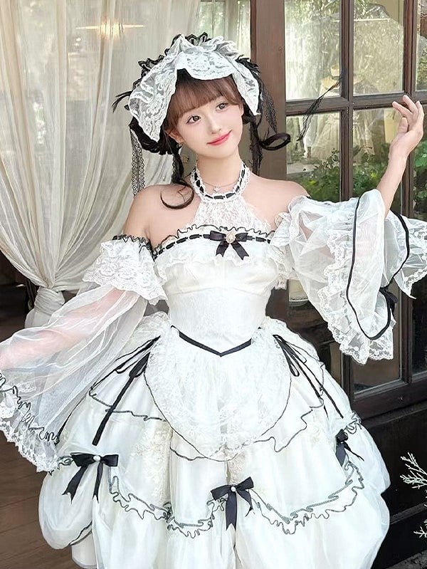 White & Black Lolita Sleeves with Bow Accents