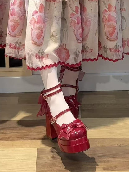 11CM Polished Wine Red Bow at Top Sweet Lolita Platform High Heels