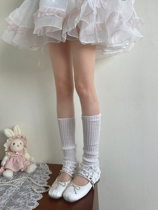 White Lace Ruffle Trims Lolita Leg Warmers