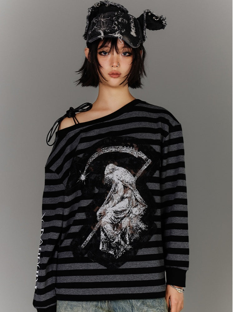 Black & Gray Stripes Drawstring Design Asymmetrical Neckline Applique Punk Top