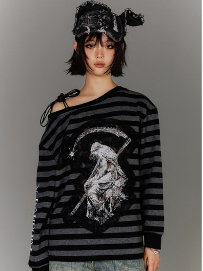 Black & Gray Stripes Drawstring Design Asymmetrical Neckline Applique Punk Top