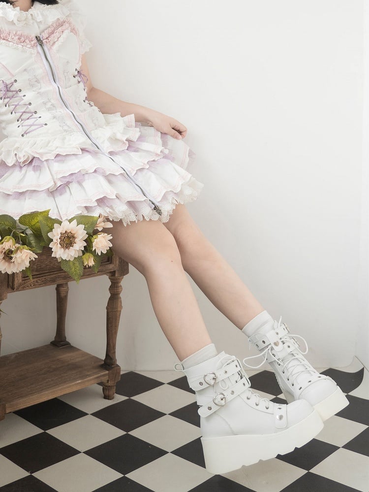 Punk Studs White Platform Ankle Boots
