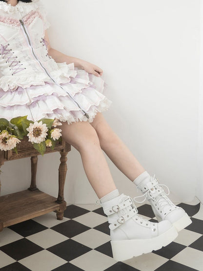 Punk Studs White Platform Ankle Boots