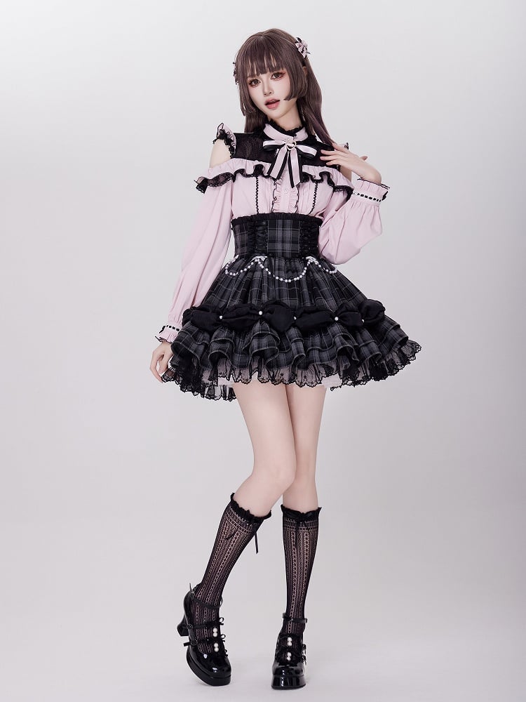 Bead Chain and Bow Accents Adorned High Waist Jirai Kei All Grey Plaid Skirt