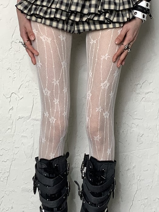 White/Black Y2K Floral Pattern Fishnet Tights